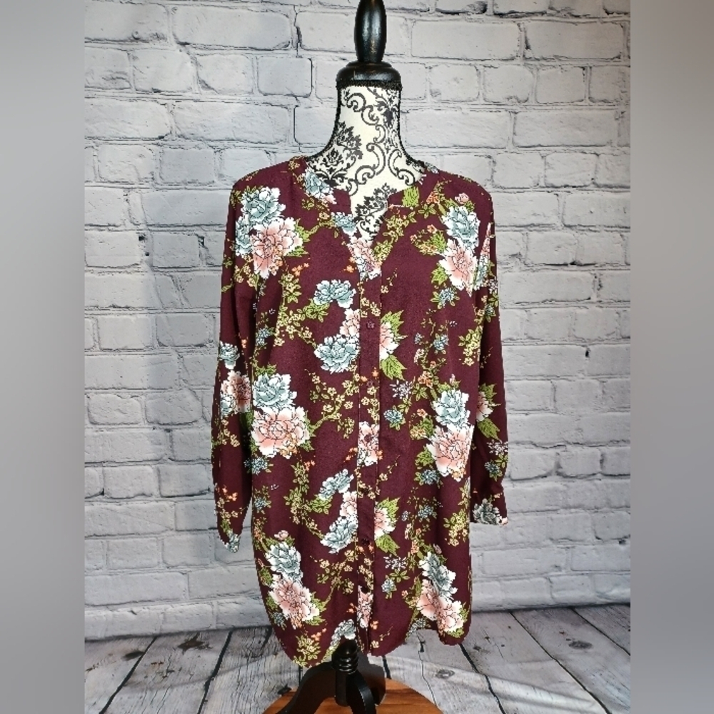 Denim & Co. women's long sleeve floral print button front plus size 1x top b3
